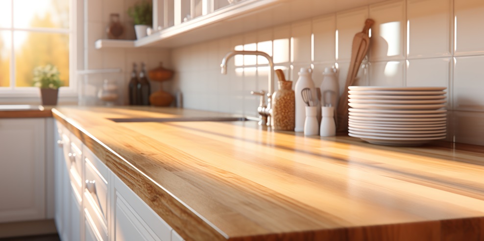 Empty wooden countertop offers a pristine stage for culinary