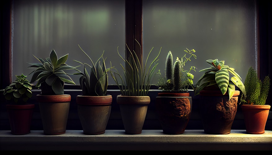 green terrarium plants by windows
